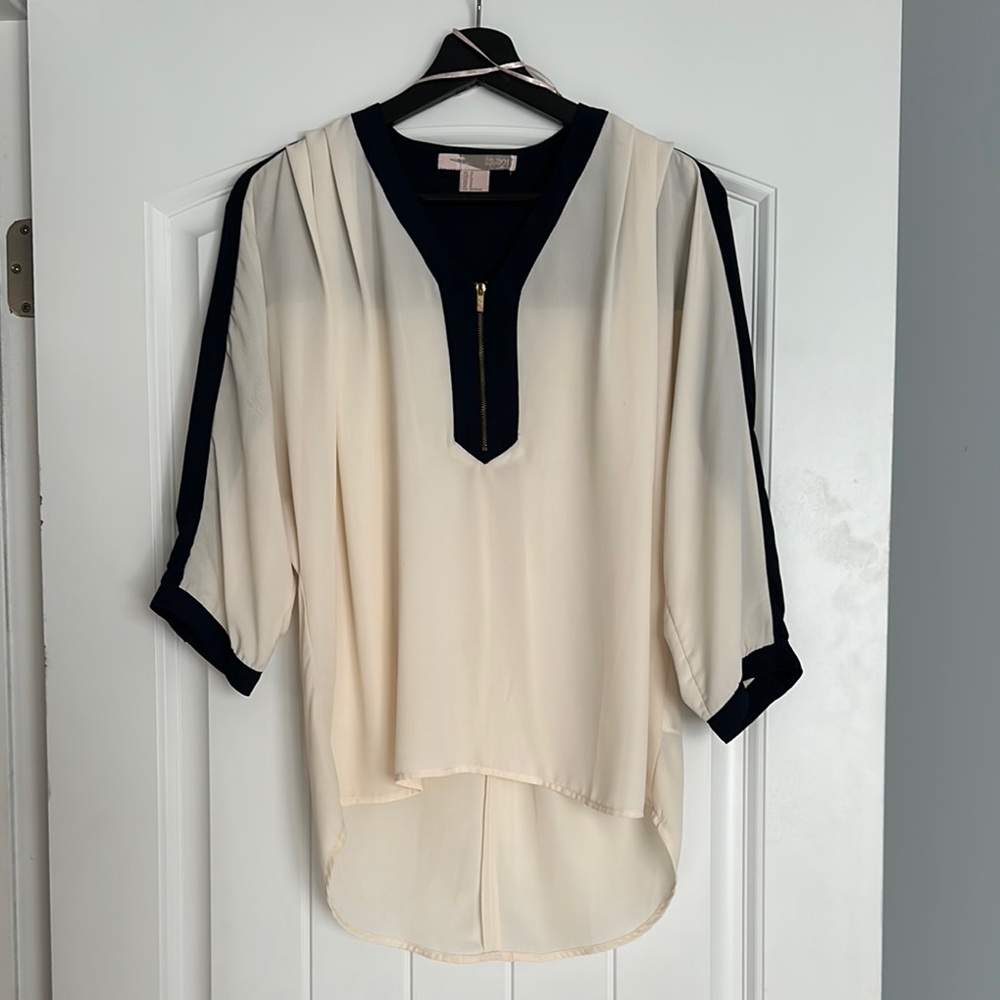 Forever 21 Cream and Black V-Neck Blouse